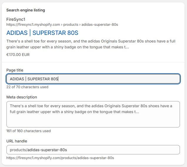 Shopify product SEO settings for Adidas Superstar 80s, highlighting page title, meta description, and URL optimization.