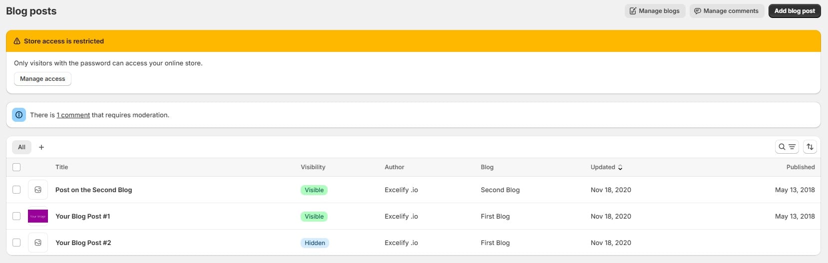 Shopify admin interface displaying blog posts with visibility settings and publication dates.