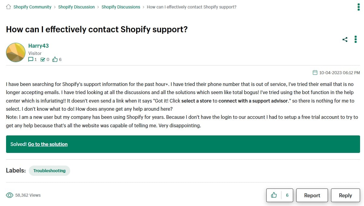 Shopify Community Forums discussion about contacting Shopify support