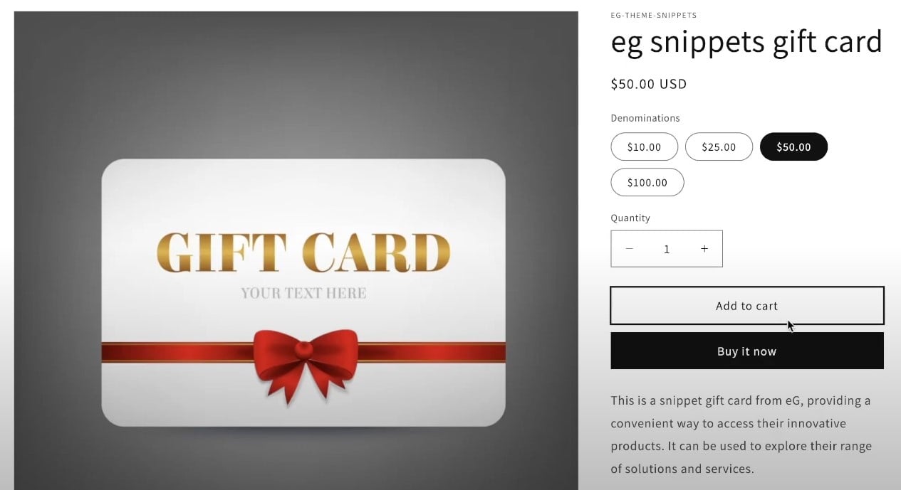 Shopify product page with a gift card product