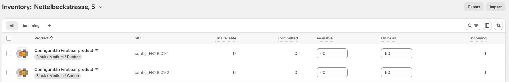 Shopify inventory management dashboard displaying product SKUs, availability, and on-hand stock levels.