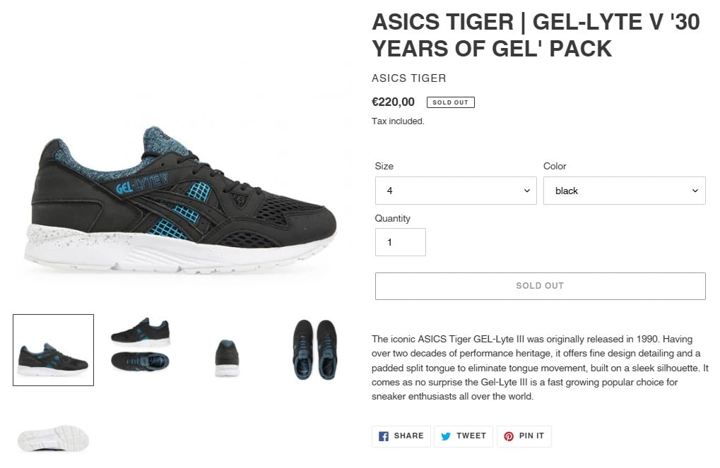 A Shopify product page with ASICS TIGER | GEL-LYTE V '30