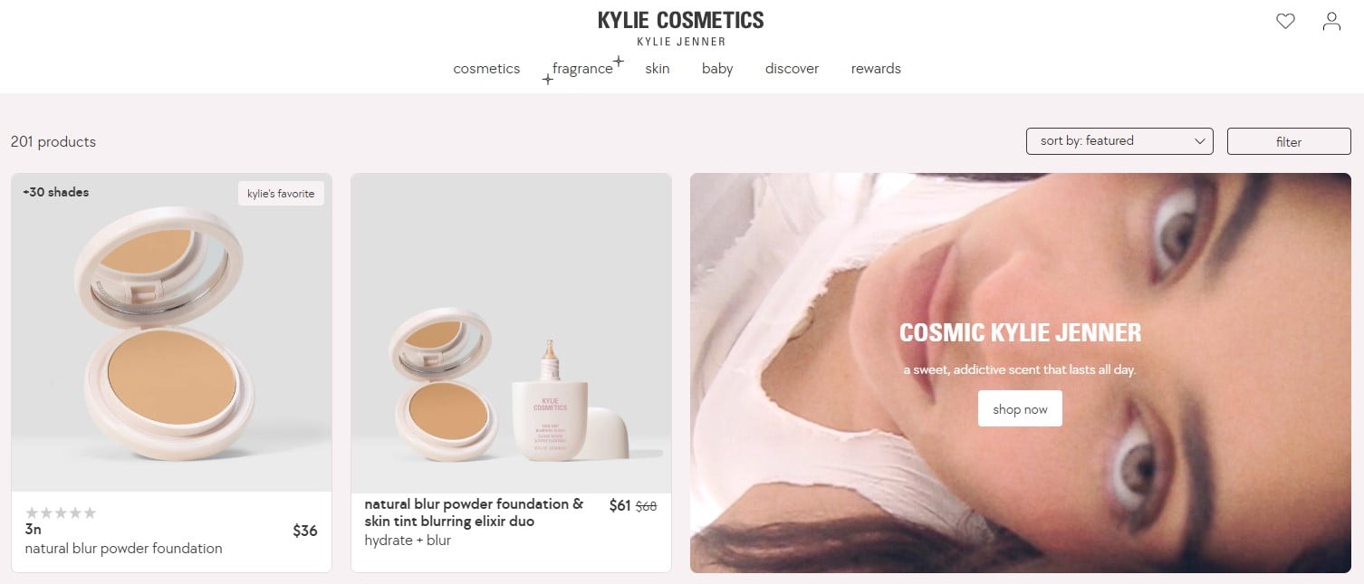 Kylie Cosmetics online store powered by Shopify, showcasing beauty products with a clean and engaging layout.