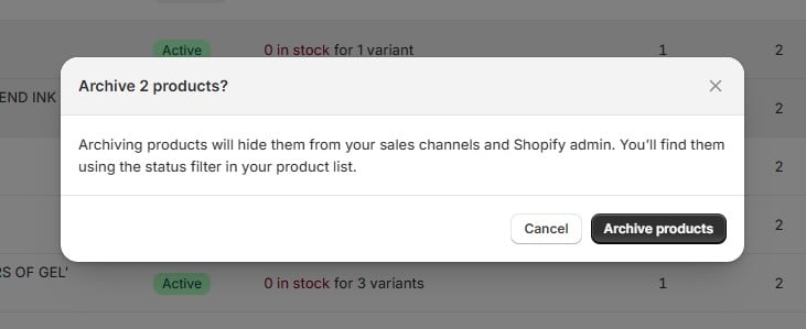 How to archive Shopify products in bulk step 4 - intent confirmation