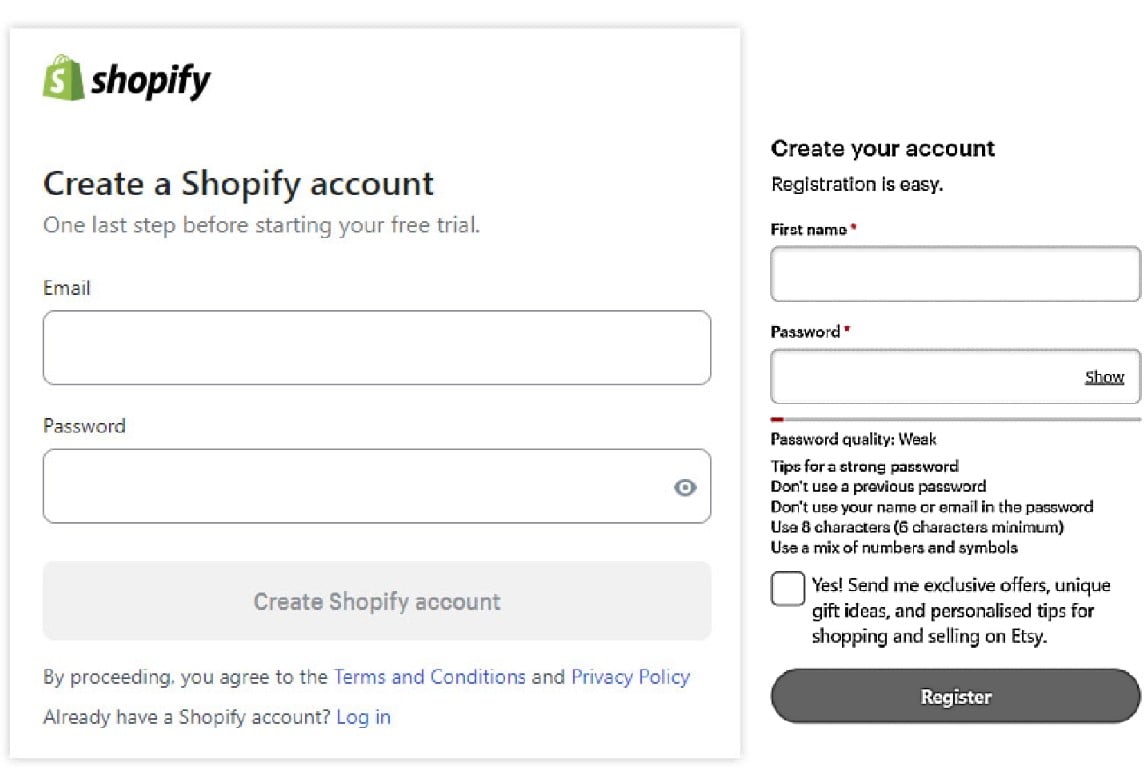 screenshot with Shopify vs Etsy login/registration forms