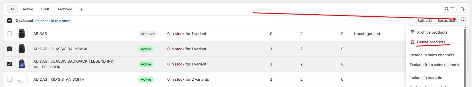 screenshot that shows a products screen in the Shopify admin with two selected products, more actions activated, and Delete products action highlighted