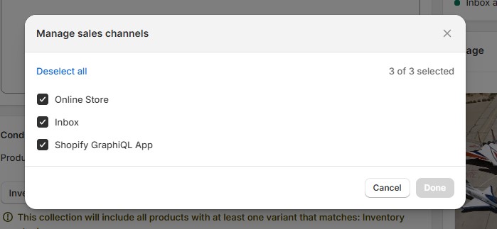 Screenshot of Shopify's Manage Sales Channels window with options to deselect online store access.