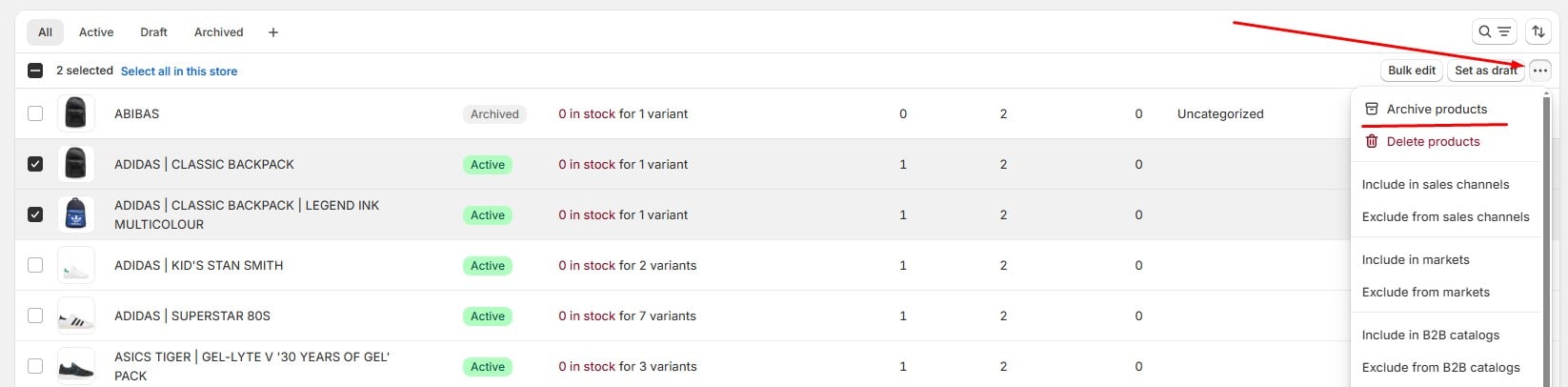 screenshot that shows a products screen in the Shopify admin with two selected products, more actions activated, and Archive products feature highlighted