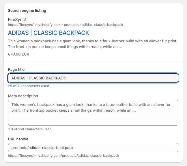 screenshot showing shopify search engine listing configuration