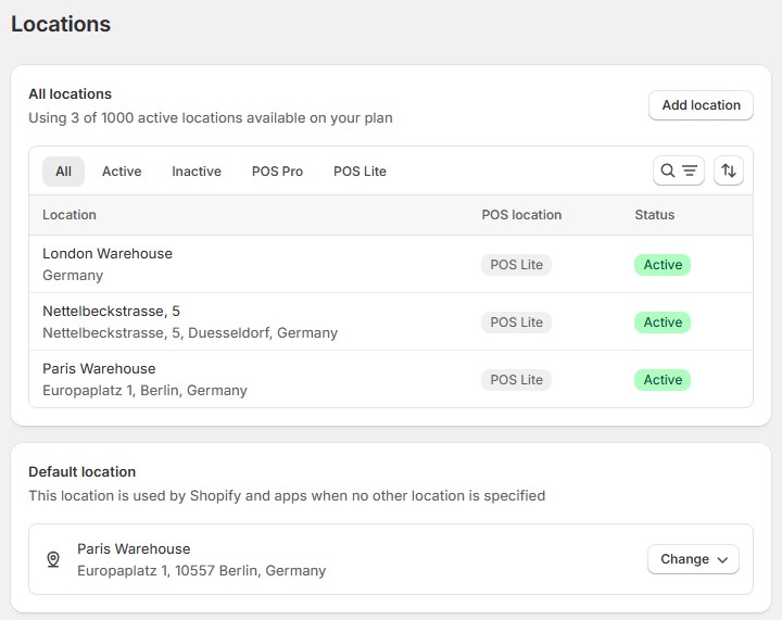 screenshot showing Add and Manage Fulfillment Locations in Shopify