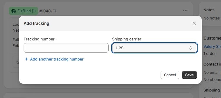 How to add a tracking number in Shopify order tracking system—selecting UPS as the shipping carrier.