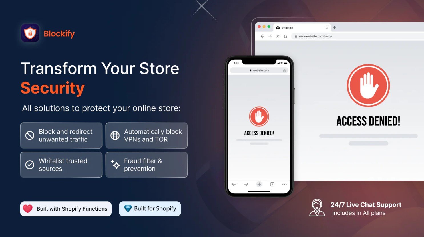 Blockify app for Shopify showcasing fraud prevention, traffic blocking, and automatic VPN/TOR restrictions