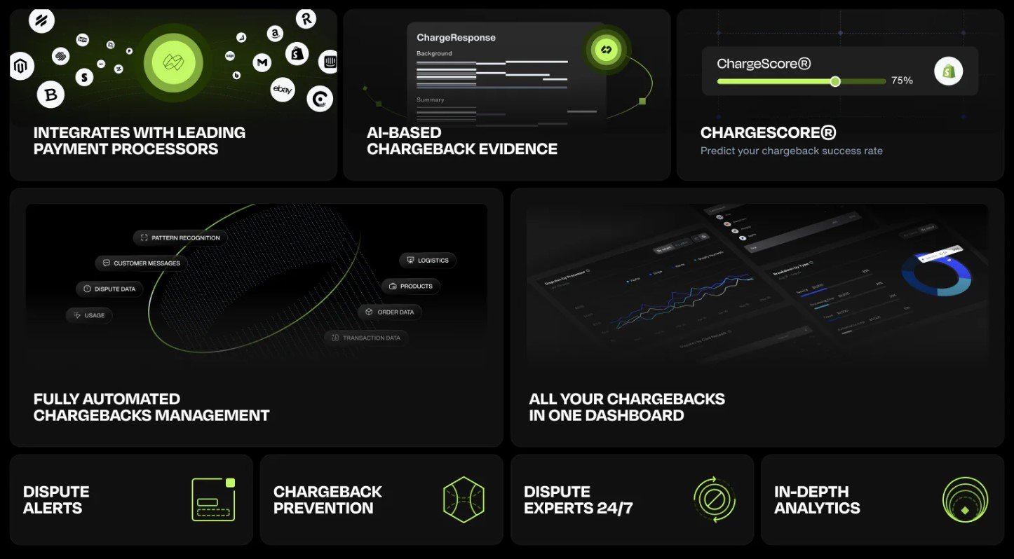 Chargeflow app for Shopify displaying AI-powered chargeback prevention, fraud detection, and dispute management