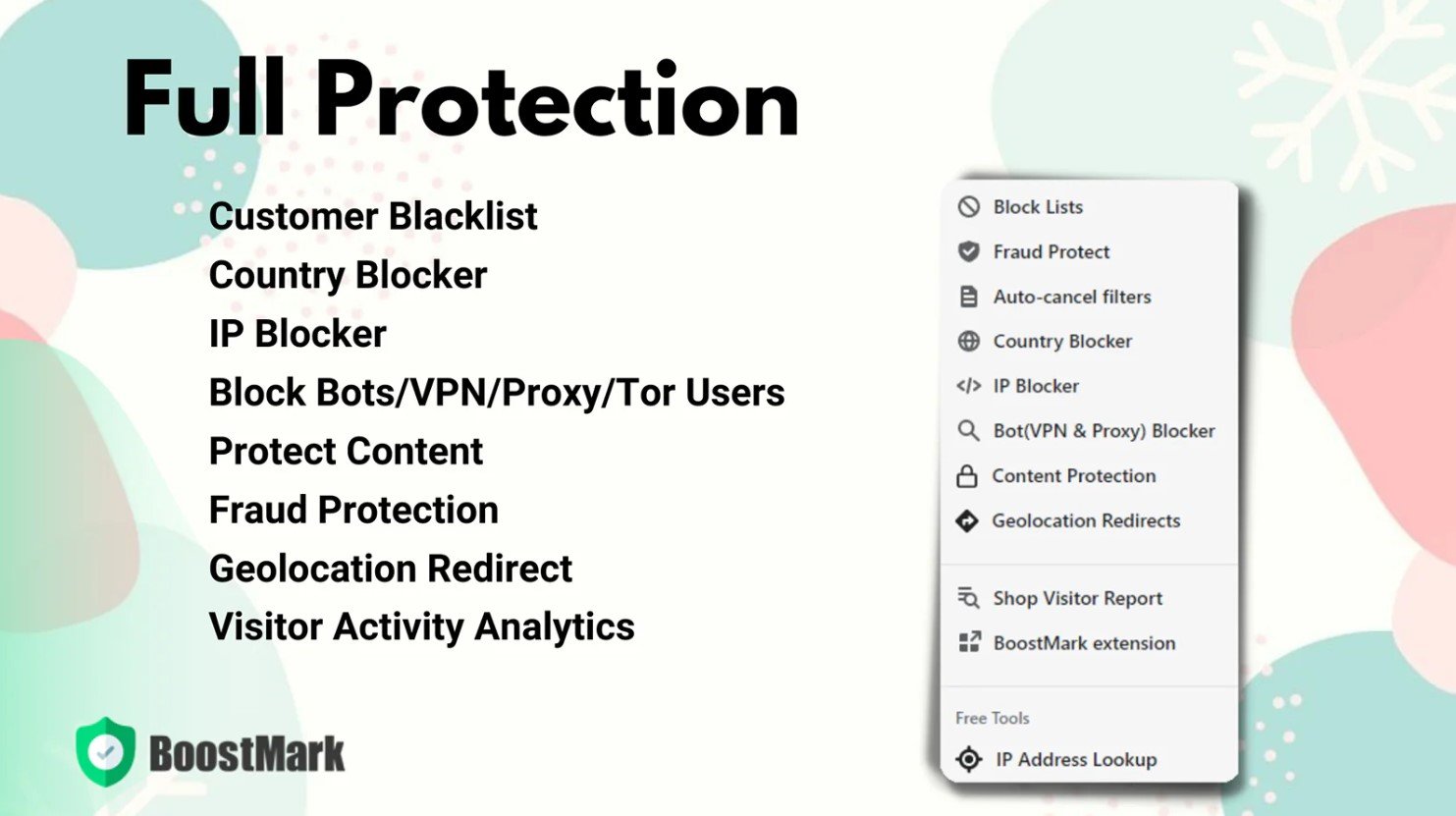 BoostMark app features for blocking customers on Shopify via IP, country, bot protection, and fraud prevention