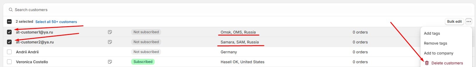 Shopify admin dashboard showing the deletion process for removing customers with fraudulent or abusive activity