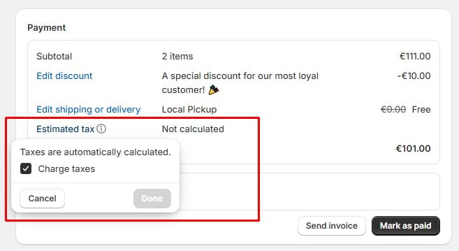 screenshot showing Estimated tax calculation for Shopify draft order