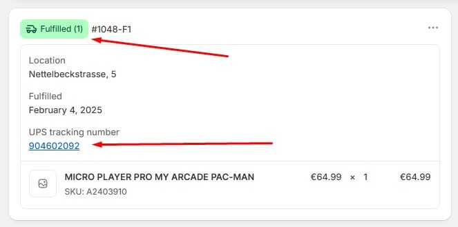 Shopify order tracking: Fulfilled order with UPS tracking number displayed in Shopify Admin.