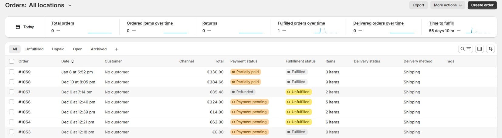 Managing Shopify order tracking: Viewing all orders and fulfillment statuses in Shopify Admin.