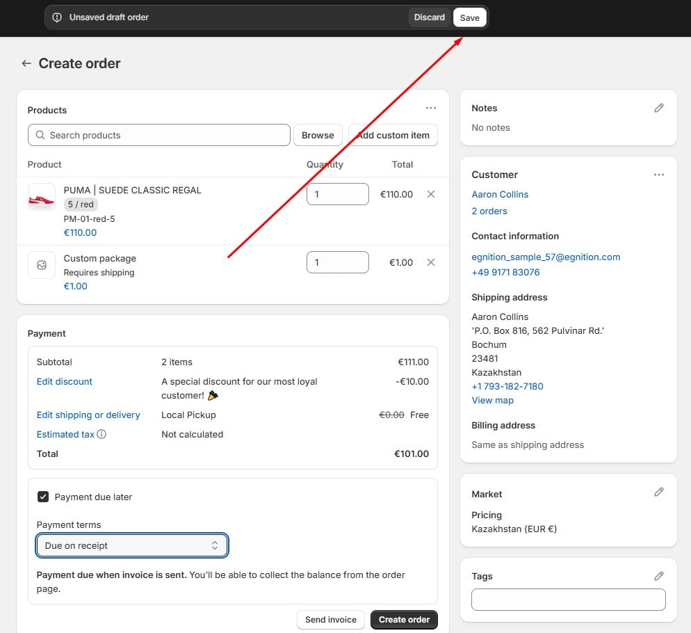 screenshot showing how to Save order as draft in Shopify