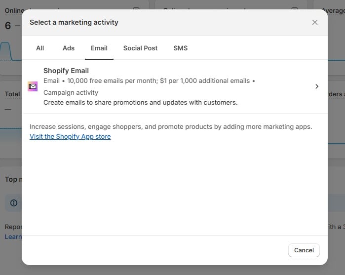 A Shopify interface screenshot showing the "Select a marketing activity" menu, highlighting Shopify Email’s free email allowance and campaign creation options.