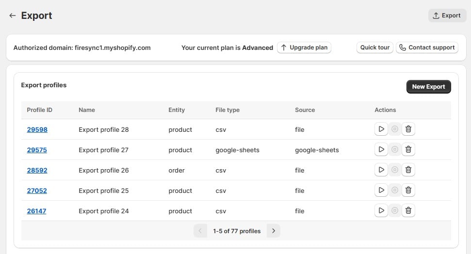 Screenshot showing Shopify Import & Export Tool by Firebear and its Export screen where you can launch Shopify export metafields along with product data