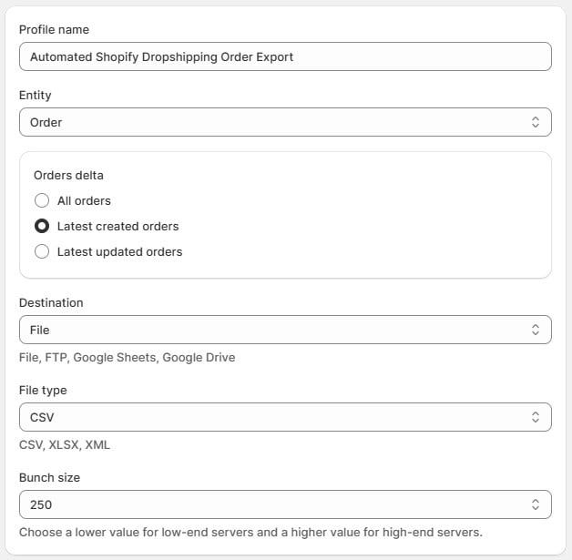 screenshot showing Shopify dropshipping order export profile configuration with import & export tool