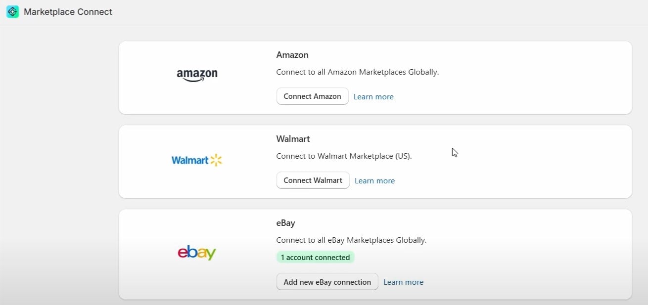 screenshot showing shopify marketplace connect app's section with supported marketplaces that can be connected to shopify to import orders and sync other data