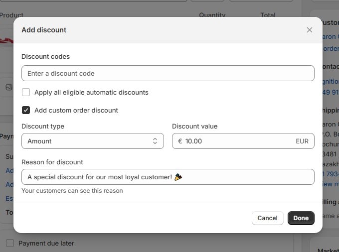 screenshot showing how to add a discount to Shopify draft order