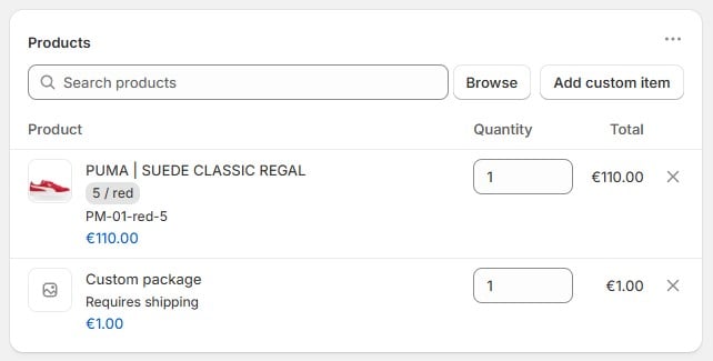 screenshot showing how to add products and custom items to Shopify draft order