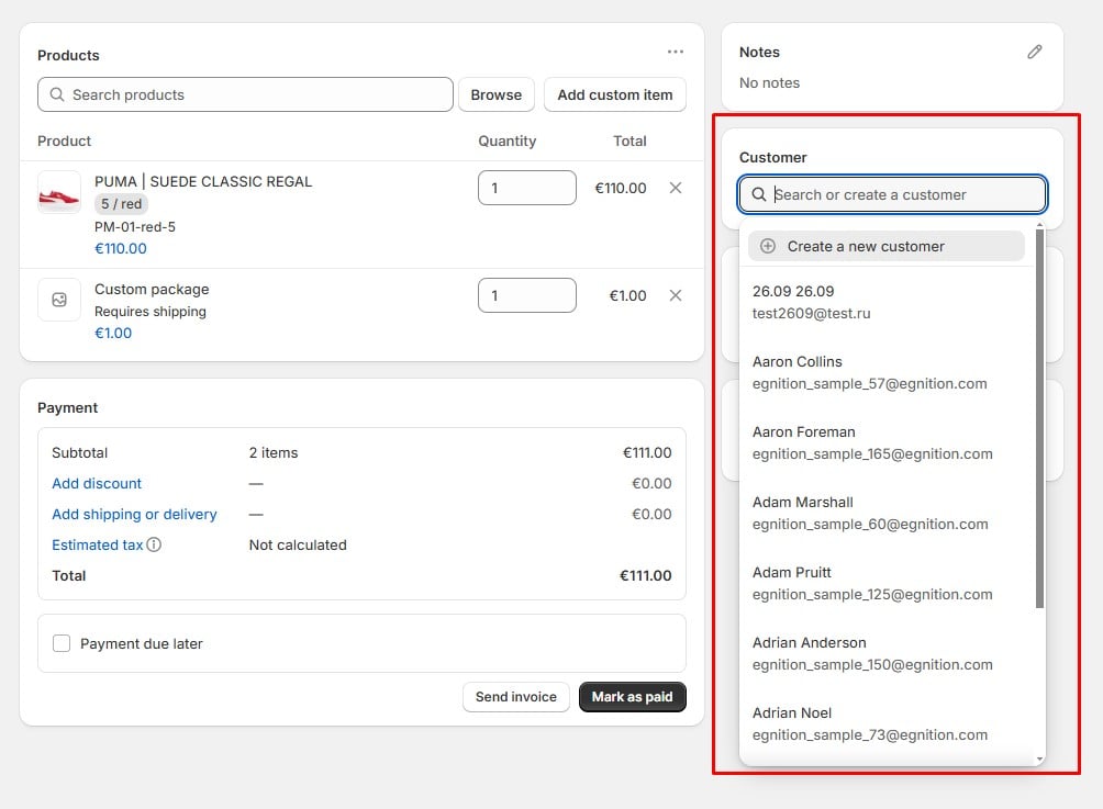 screenshot showing how to assign a customer to a draft order in shopify