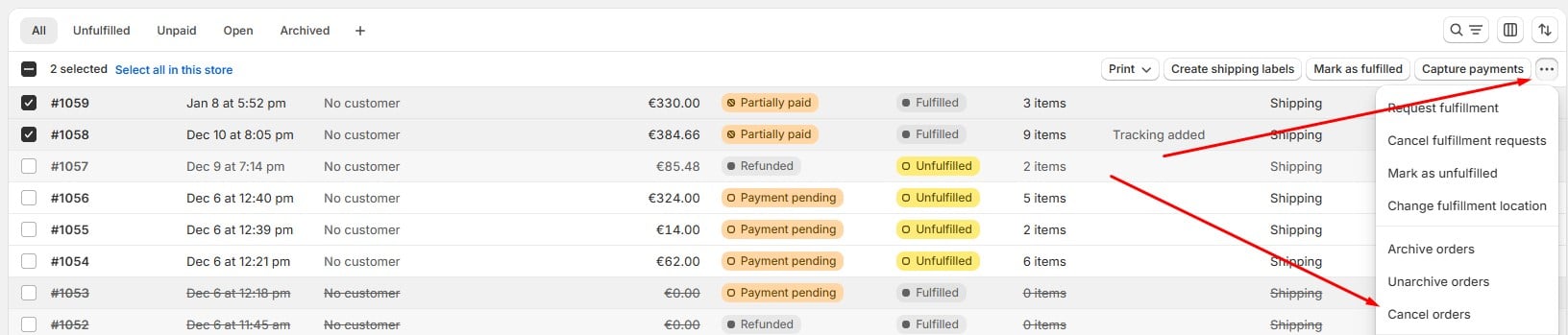 screenshot showing how to cancel test orders in Shopify