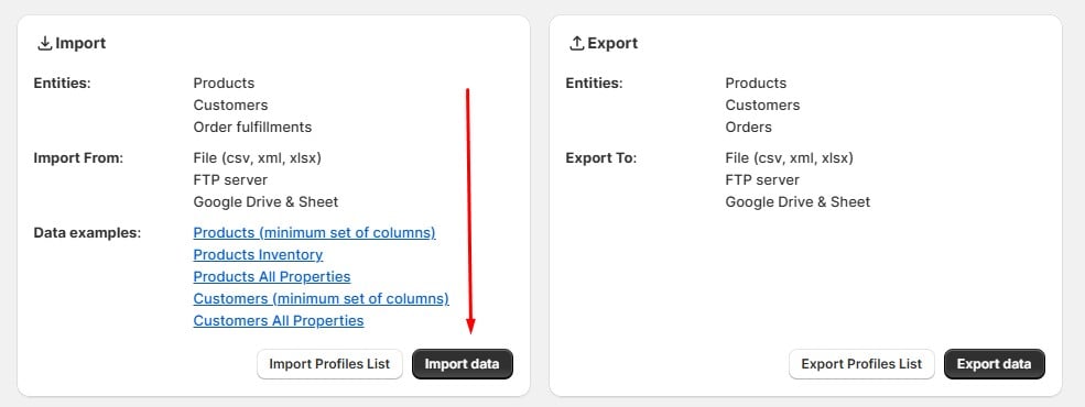 click Import data button to create shopify order fulfillment import with Firebear's Import & Export app