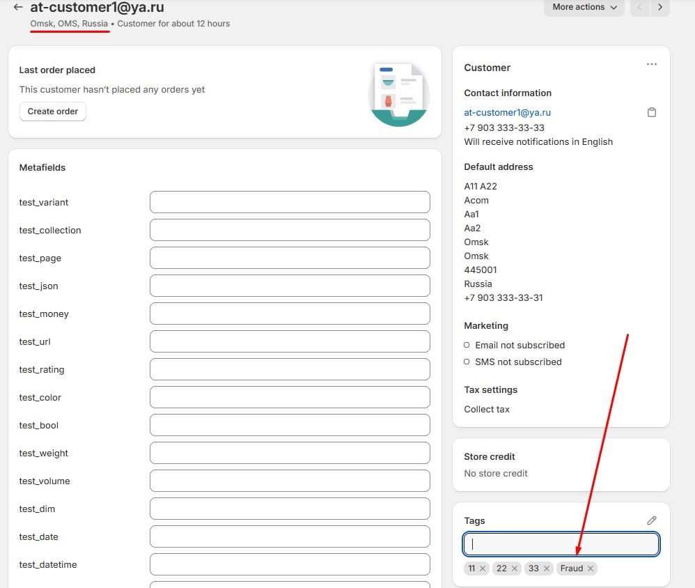 Shopify admin panel with a customer tagged as "Fraud" to restrict orders and manage high-risk buyers