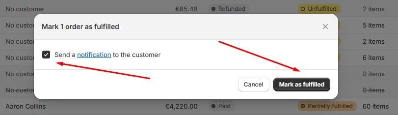 a screenshot showing how to mark orders as fulfilled in Shopify and notify customers