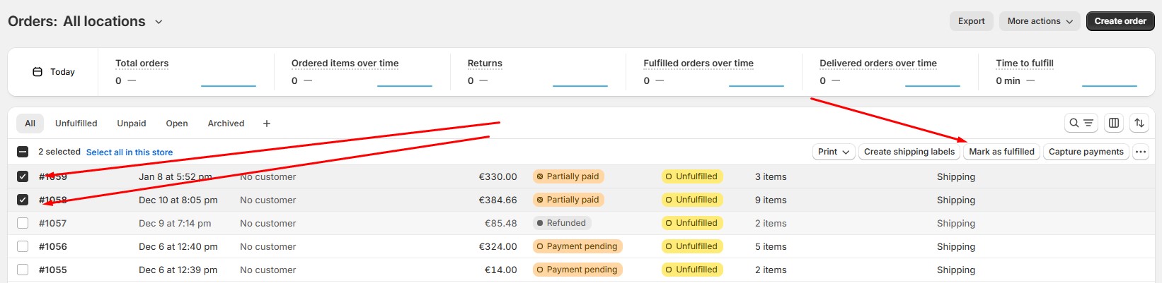 a screenshot showing how to mark orders as fulfilled in Shopify