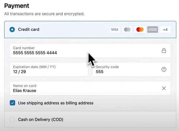 screenshot showing how to provide card information for successfult test order in Shopify