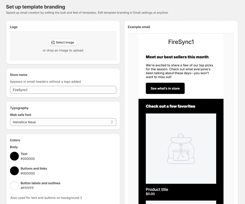 A Shopify Email template branding setup page, allowing store owners to select logos, fonts, and colors for professional email marketing campaigns.