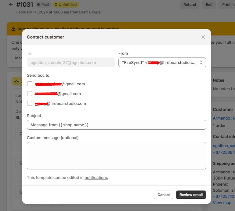 A Shopify admin interface showing how to email a customer directly from the Orders page, including a subject line and optional custom message field.