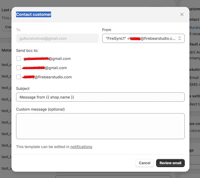 A Shopify admin panel screenshot displaying the contact customer email pop-up, showing the "To" field, BCC options, and message template settings.