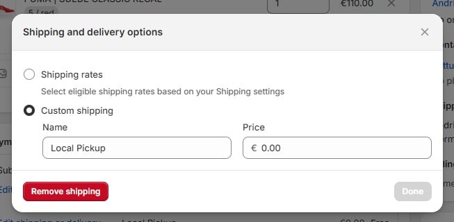 screenshot showing shipping and delivery configuration for shopify draft order