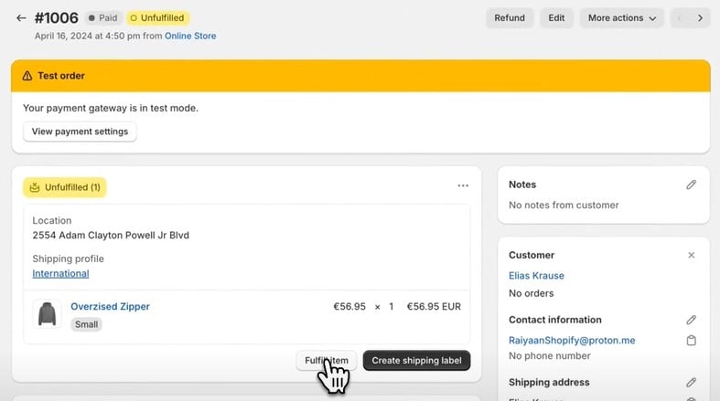 screenshot showing successful test order in shopify admin