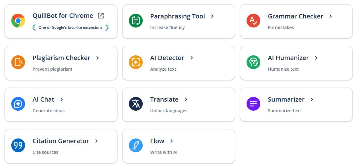 screenshot showing all the core Quillbot AI tools and features