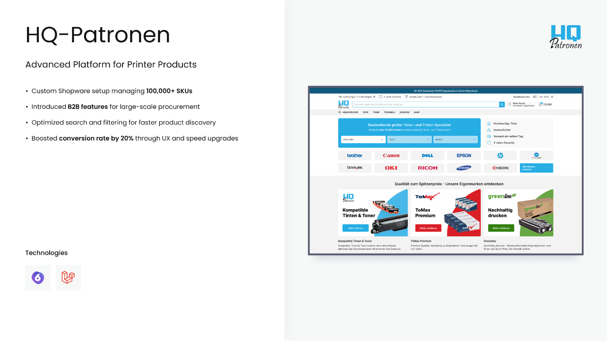 HQ-Patronen Shopware platform for printer products with over 100,000 SKUs and 20% conversion rate boost