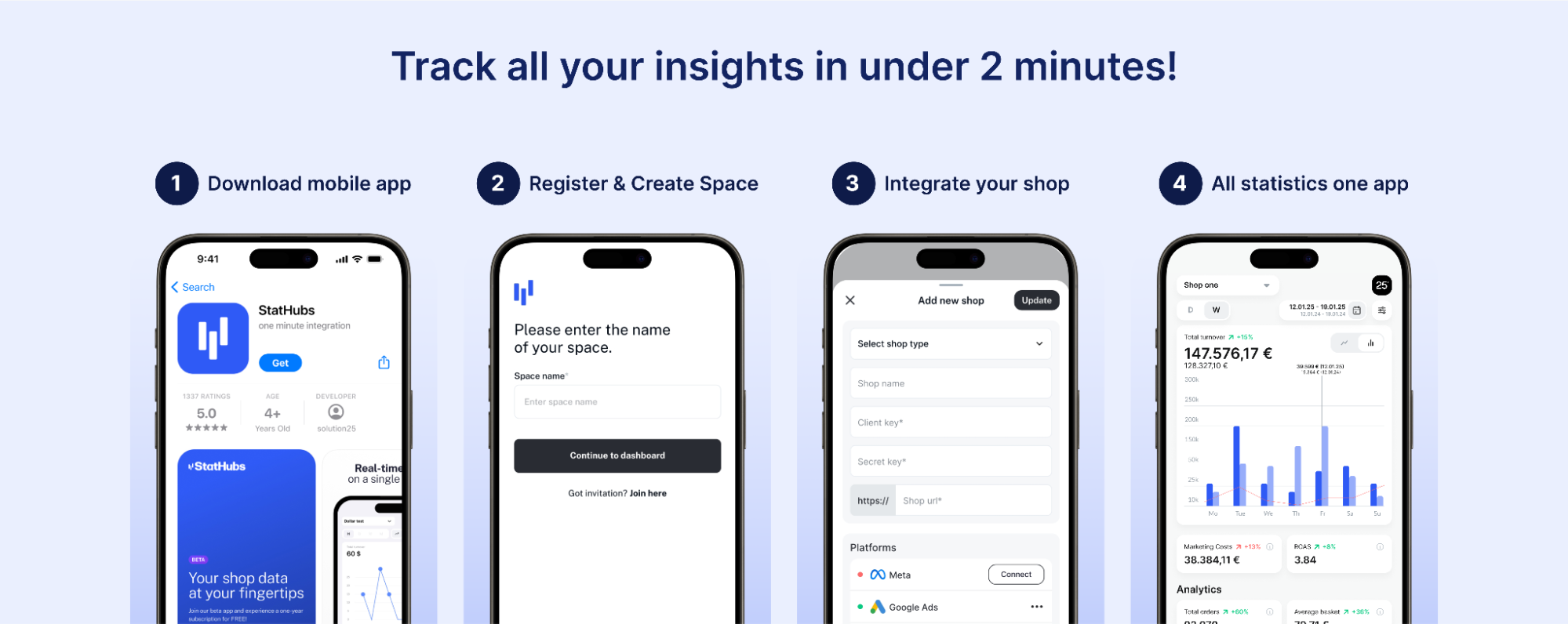 Four-step guide for StatHubs app setup: download, create space, integrate store, and track statistics