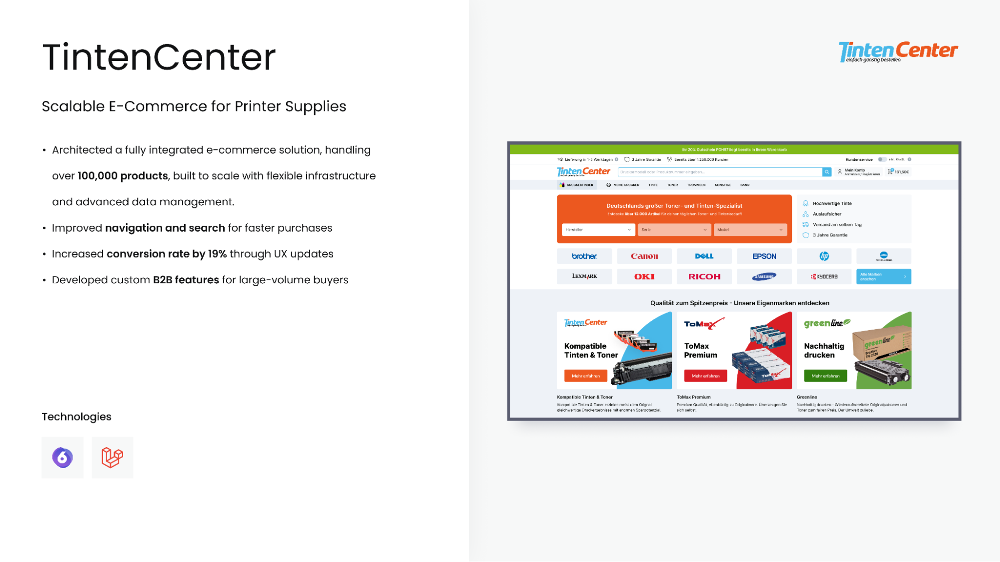 TintenCenter scalable printer supplies e-commerce site with UX improvements and B2B features