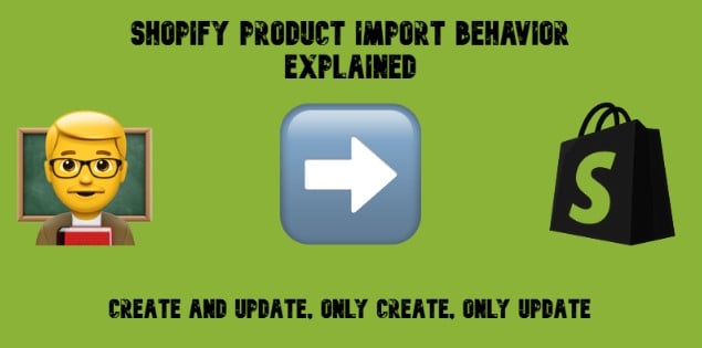 illustrative image for the Shopify product import behavior explained guide with emojis, shopify logo, and text on green background