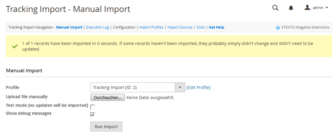 screenshot showing the interface of the Xtento tracking import extension for Magento 2