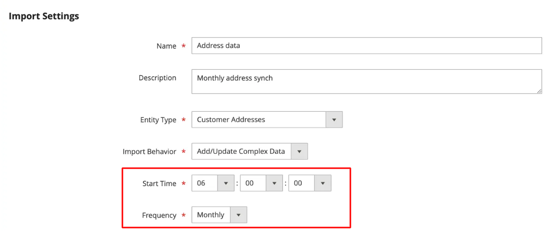 screenshot showing adobe commerce scheduled import