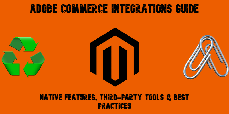 cover image for Adobe Commerce Integrations Guide with Magento logo and emojis on orange background