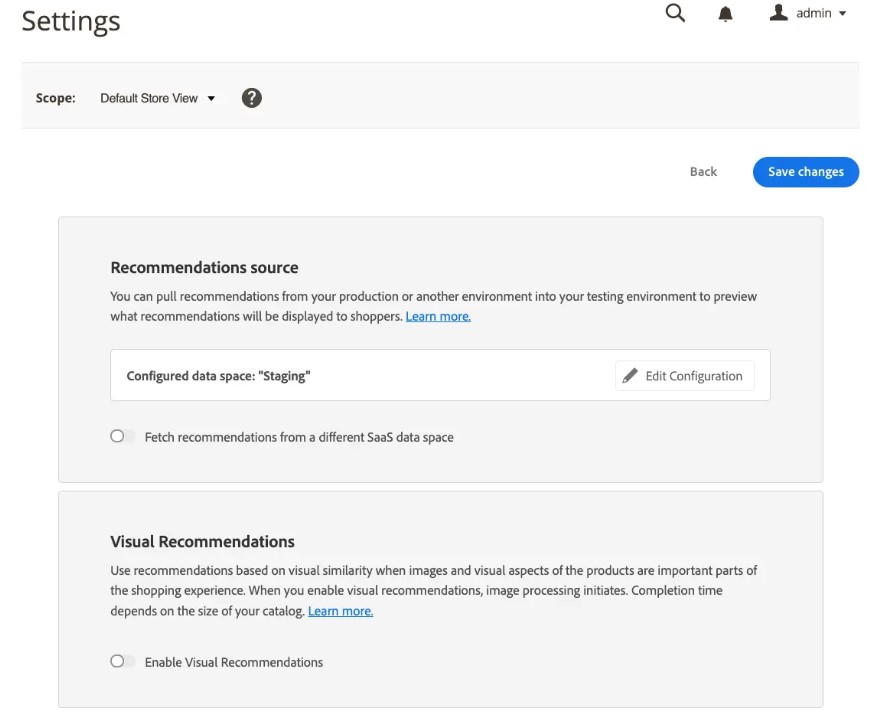 Adobe Commerce Product Recommendations settings in Magento 2 admin